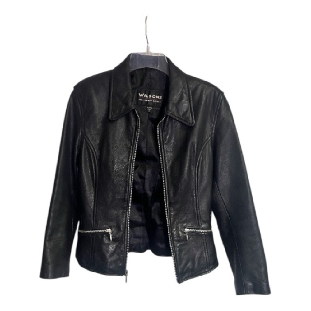 Wilsons Black Full Grain Leather Moto Fitted Jacket Zip Close 2 front Pockets XS